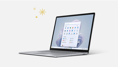 Een vooraanzicht vanuit een hoek van een platinum Surface-laptop 5.