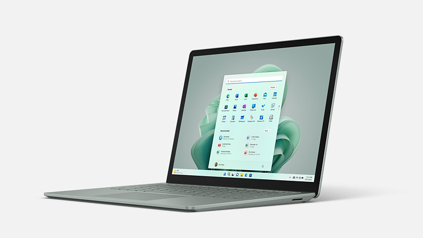 Angled view of a Surface Laptop 5 in Sage green.