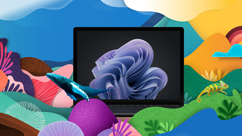 En Surface Laptop 6 for næringslivet i et collage med natur, som foreslår Microsoft og Surface for Business sin forpliktelse til bærekraftighet. 
