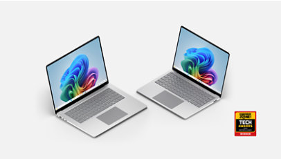 A Surface Laptop 15-inch in Platinum, a Surface Laptop 13.8 inch in platinum, and HWZ-TECH-AWARDS-2025