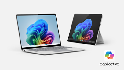 Ein 13-inch Surface Pro Copilot+ PC, und ein 13.8 inch Surface Laptop, Copilot+ PC.