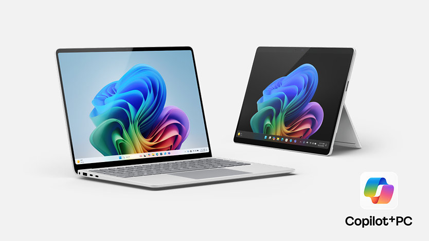 A 13-inch Surface Pro Copilot+ PC, and a 13.8 inch Surface Laptop, Copilot+ PC.