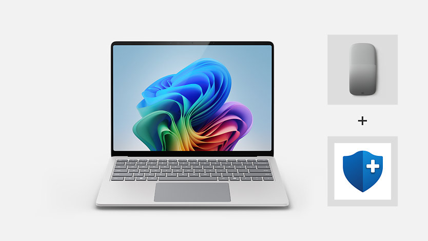 A Surface Laptop Copilot plus PC Bundle with Surface Arc Mouse and Microsoft Complete. 