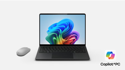 13.8 inch Surface laptop Black,  Surface mouse with Copilot PC logo in bottom right corner
