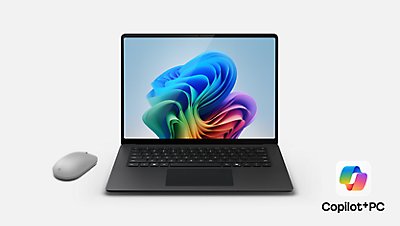 15 inch Surface laptop Black,  Surface mouse with Copilot PC logo in bottom right corner