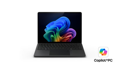 Forsiden af en Surface Laptop  til erhverv, Copilot Plus PC i sort.