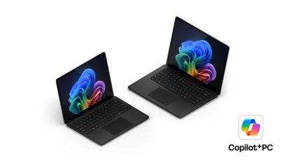 A 15-inch and a 13.8-inch black Surface Laptop for Business, Copilot Plus PCs.