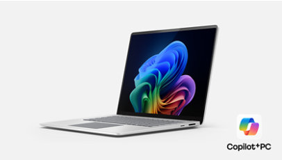 A platinum Surface Laptop for Business, Copilot Plus PC facing left.