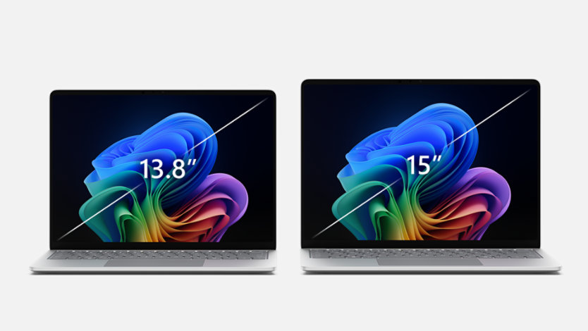 A 13.8-inch and a 15-inch Surface Laptop for Business with Snapdragon® processors side-by-side in the color Platinum.