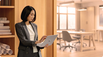 A person simultaneously carries and uses a 13.8-inch Surface Laptop for Business, suggesting the portability of the device.