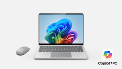 13.8 inch Surface laptop Platinum, Surface mouse with Copilot PC logo in bottom right corner.