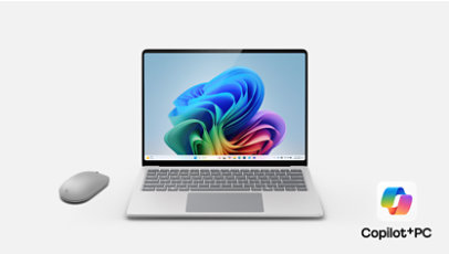 A platinum 13.8-inch Surface Laptop, Copilot Plus PC, and a Surface Mouse. 