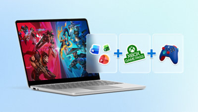 A Surface laptop displaying gaming graphics on the screen, with three tiles showing icons for Microsoft 365 applications, Xbox Game Pass, and an Xbox controller.
