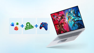 A surface laptop displaying gaming graphics on the screen, with three tiles showing icons for Microsoft 365 applications, Xbox Game Pass, and an Xbox controller.