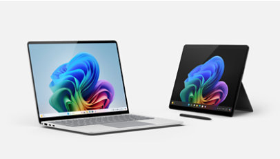 Ein Surface Laptop 7 in Platin und ein Surface Pro 11 Tablet in Schwarz mit Slim Pen, Copilot Plus PCs.