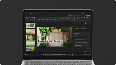 A Surface device with an on-screen view of a PowerPoint slide deck. 