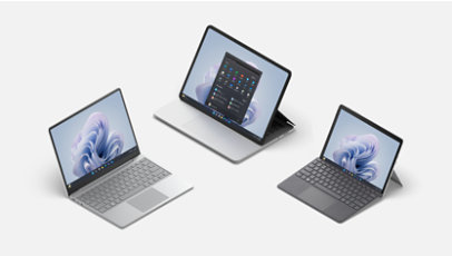 Een Surface Laptop Go 3, Laptop Studio 2 en Go 4 voor zakelijk gebruik.