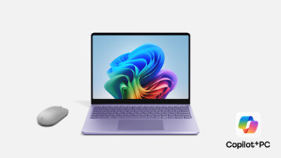 13 inch Surface laptop Violet, Surface mouse with Copilot PC logo in bottom right corner