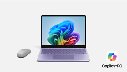 13 inch Surface laptop Violet, Surface mouse with Copilot PC logo in bottom right corner