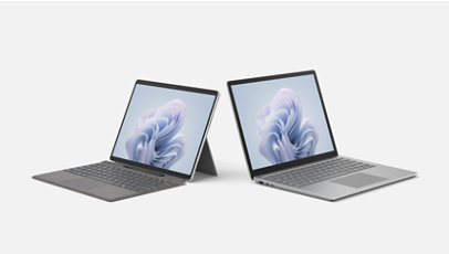 Ein Surface Laptop 6 und ein Surface Pro 10, das an ein Surface Pro Keyboard angeschlossen ist.