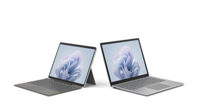 Ein Surface Laptop und ein Surface Pro-Gerät, das an eine Surface Pro-Tastatur angeschlossen ist.