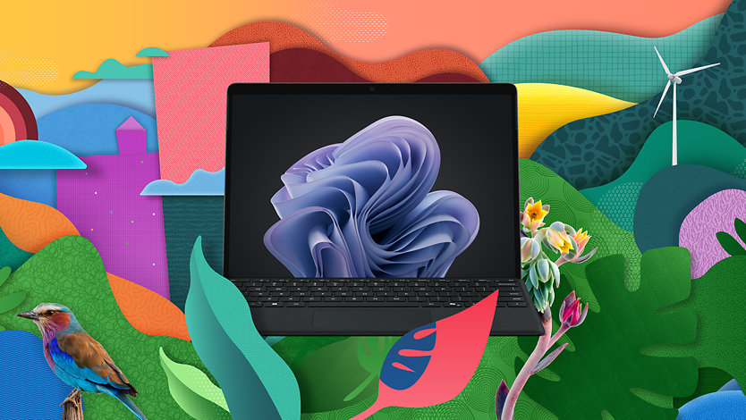 Een Surface Pro 10 voor zakelijk gebruik in een collage met de natuur, wat de toewijding van Microsoft en Surface voor zakelijk gebruik aan duurzaamheid suggereert. 