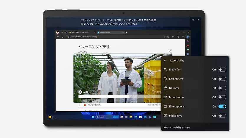 A Surface Pro 10 for Business shows system-wide live captions.