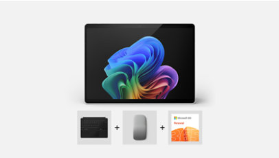 A platinum Surface Pro tablet bundled with Surface Pro Keyboard, Surface Arc Mouse and Microsoft 365.