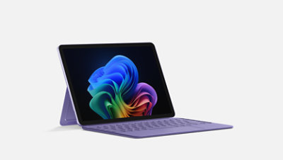 バイオレット色の Surface Pro 12 インチ キーボードに取り付けられた Surface Pro, Copilot+ PC, 12 インチ。