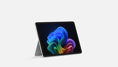 A 12 inch Surface Pro platinum in kickstand mode, facing right. 