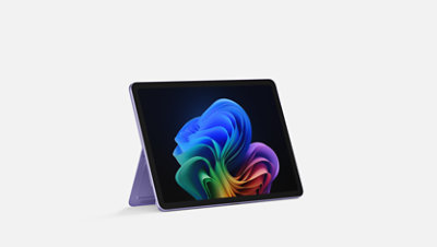 Eine linke Vorderansicht eines aufgeklappten Surface Pro, Copilot+ PC, 12 Zoll in Violet.