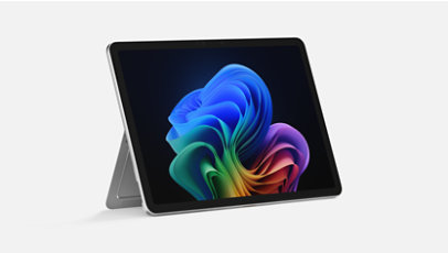 An angled view of a Surface Pro, Copilot+ PC, 12-inch shows the kickstand engaged.
