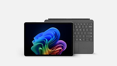 A Surface Pro Copilot Plus PC, 12-inch in the color platinum, bundled with a Slate keyboard.