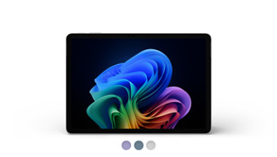 A Surface Pro, Copilot+ PC, 12-inch, which comes in the colours Violet, Ocean, and Platinum.