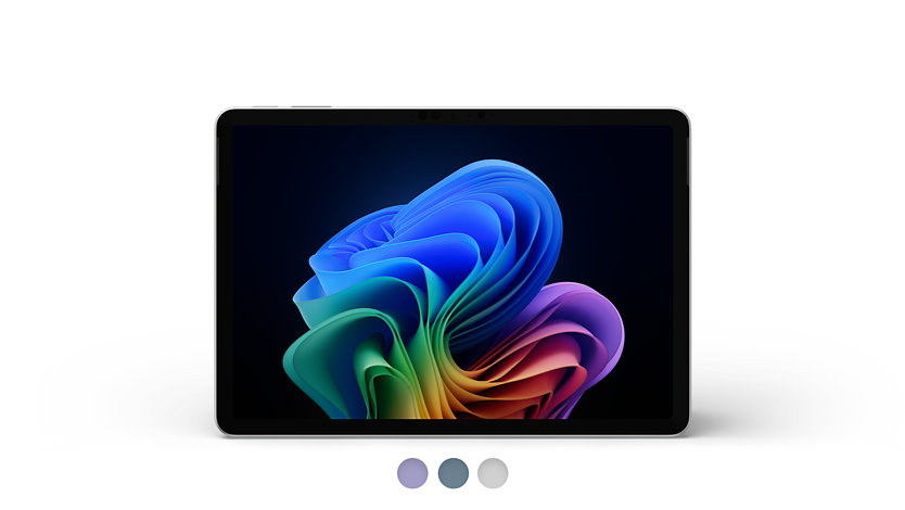 A Surface Pro, Copilot+ PC, 12-inch, which comes in the colors Violet, Ocean, and Platinum. 