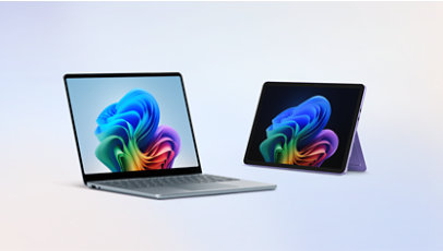 A Surface Laptop, Copilot+ PC, 13-inch in the color Ocean and a Surface Pro, Copilot+ PC, 12-inch in the color violet.