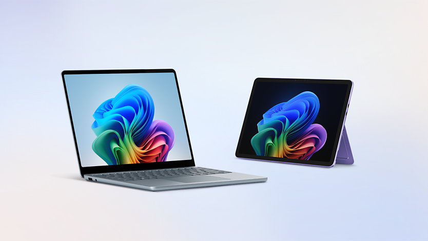 A Surface Laptop, Copilot+ PC, 13-inch in the color Ocean and a Surface Pro, Copilot+ PC, 12-inch in the color violet.