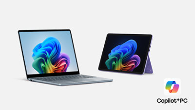 Surface Copilot+ PCs: an Ocean Surface Laptop, 13 inch, and a Violet Surface Pro, 12 inch.