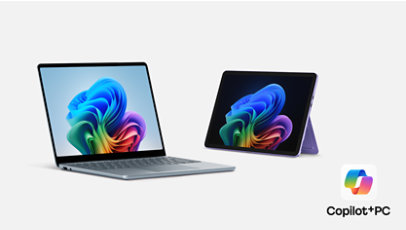 Surface Copilot+ PCs: ein Surface Laptop, 13 Zoll in Ozean, und ein Surface Pro, 12 Zoll in Violett.