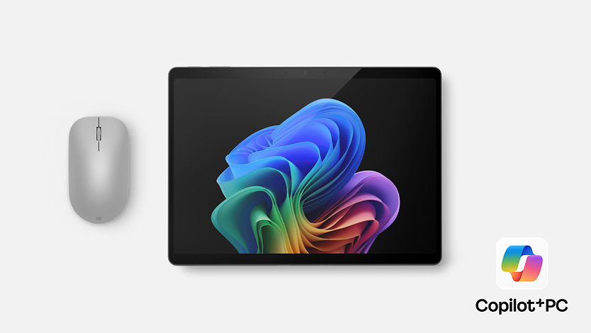 13 inch Surface Pro Black, Surface mouse with Copilot PC logo in bottom right corner