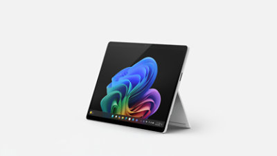 A-13 inch Surface Pro platinum in kickstand mode, facing left. 
