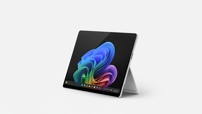 A-13 inch Surface Pro platinum in kickstand mode, facing left.
