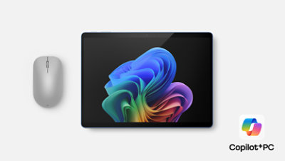13 inch Surface Pro Sapphire,  Surface mouse with Copilot PC logo in bottom right corner. 