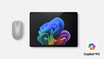 13 inch Surface Pro Sapphire,  Surface mouse with Copilot PC logo in bottom right corner.