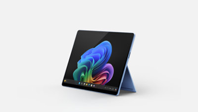 A 13-inch Surface Pro Sapphire in kickstand mode, facing left.