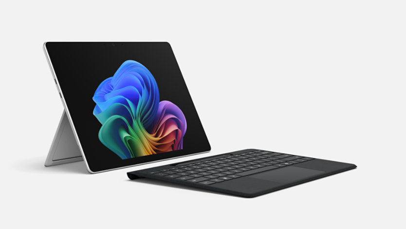 An angled view of a Surface Pro for Business with Intel® processors, paired with a detached Surface Pro 13-inch Flex Keyboard for Business. 