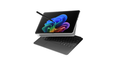 Surface Pro, Copilot+ PC in Platin mit schiefergrauer Tastatur.