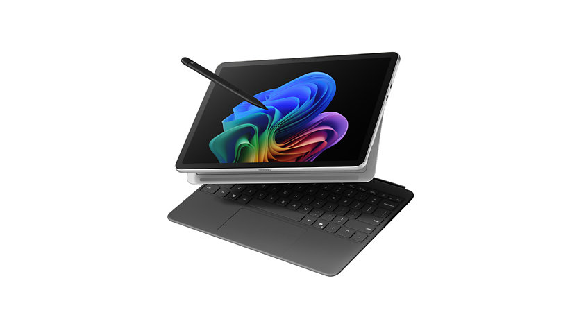 Surface Pro Copilot plus PC in platinum with slate keyboard.