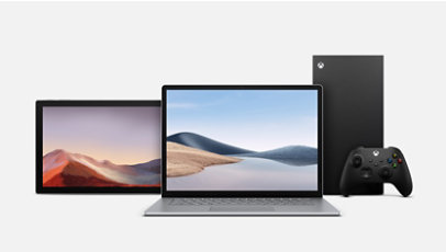 Een Microsoft Surface Pro 7, Laptop 4 en Xbox Series X.
