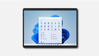 Surface Pro 9 shown straight on with Windows 11 start screen.